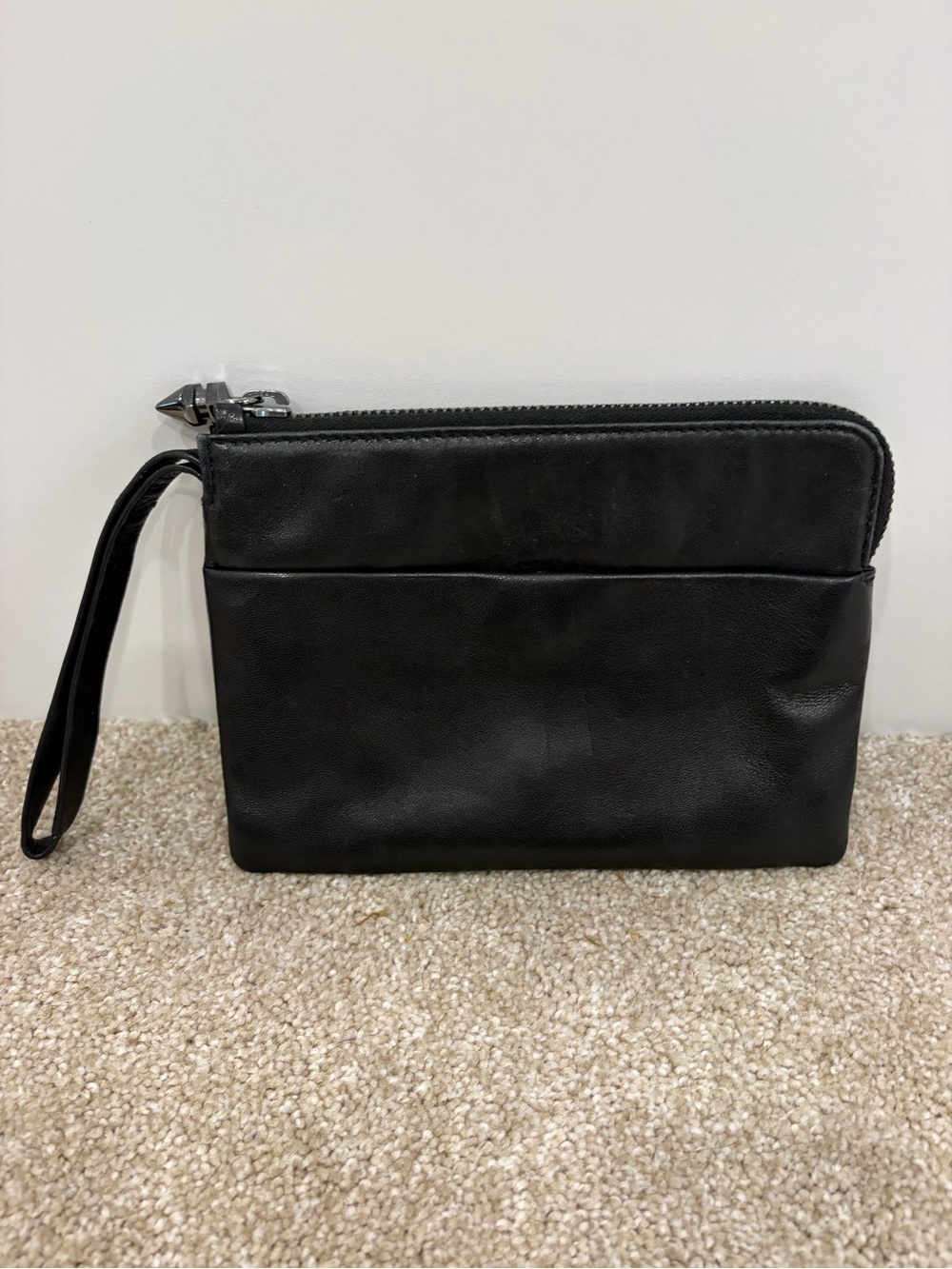 All Saints Black Leather Wristlet Pouch with Strap